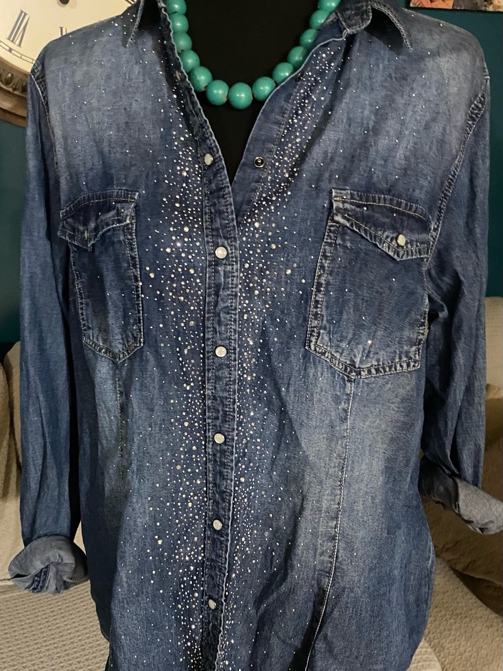 Embellished Blue Denim Button-Down Shirt